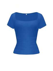 Blusa ajustada y sexy de punto para mujer , camiseta casual de cuello cuadrado de unicolor, primavera/verano - azul real - Ver 3