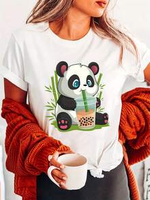 Camiseta de Cuello Redondo con Estampado de Panda, Camiseta Casual de Manga Corta para Primavera y Verano, Ropa de Mujer - Negro - Ver 7