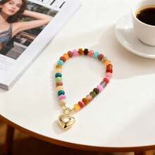 Colar com Pingente de Coração de Contas de Resina em Cores Variadas, Colar com Pingente de Coração Fofo Dourado, Colar Gargantilha de Acrílico da Moda (Cor Aleatória) - Multicolorido - Visão 8