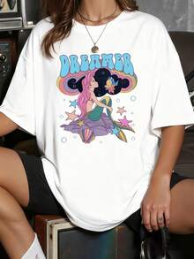Dreamy Mermaid Surrounded By Stars And Shells Symbolizing Freedom And Marine Fantasy Under The Positive Message DREAMER T-Shirt For Modern And Comfortable Women - 白色 - 查看 1