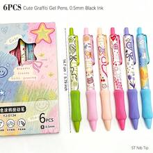 6 chiếc bút bi gel rút dễ thương in hình graffiti, mực đen khô nhanh, ngòi ST 0.5mm, tay cầm mềm mại, phong cách Kawaii, văn phòng phẩm thẩm mỹ dành cho học sinh, đồ dùng học tập. - 6 cái - Xem 3