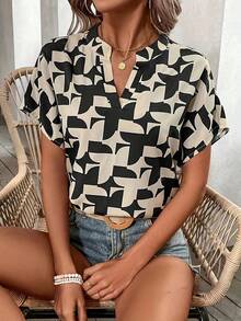 Camisa elegante con estampado de verano para mujer, blusas informales con cuello en V y manga de murciélago para oficina - Colores Mezclados - Ver 2