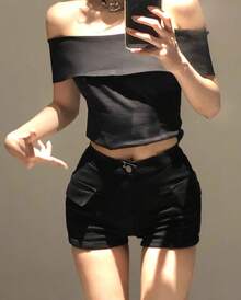Pantalones Cortos Casuales de Cintura Alta para Mujer, Pantalones de Pierna Recta a la Moda para Verano, Diseño con Bolsillos... - Negro - Ver 2