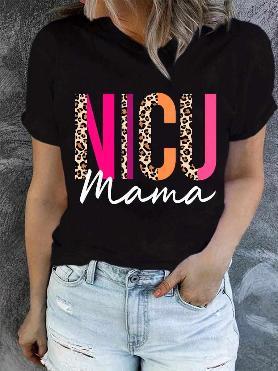 100% cotton Playera estampada de abuela bendecida, camiseta de manga corta cuello redondo casual para el Día de la Madre, top de ropa de mujer para primavera y verano - Negro 2 - Ver 1