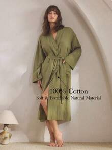 1pc Women's Casual Comfortable Soft Cotton Mesh Double-Layer Bath Robe, Cozy Loungewear Suitable For Autumn, Spring, Summer And Winter - Olive Green - View 2