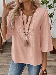 Blusas casuales de mujer de manga larga con escote en pico en unicolor, blusas de manga tres cuartos - Rosa Pálido - Ver 3