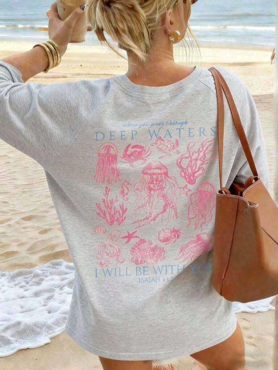 Women's White Short-Sleeved T-Shirt, Casual Summer Style, With A Marine Life Print, Simple And Cute, Loose And Versatile, With A Round Neck, Ideal For Everyday Wear And Vacations. Women's Graphic T-Shirts, Pink Top - Unisex, Comfortable, Urban Vintage Style, Loose Fit, Washed 100% Cotton T-Shirt, Summer Tops - 灰色 - 查看 1