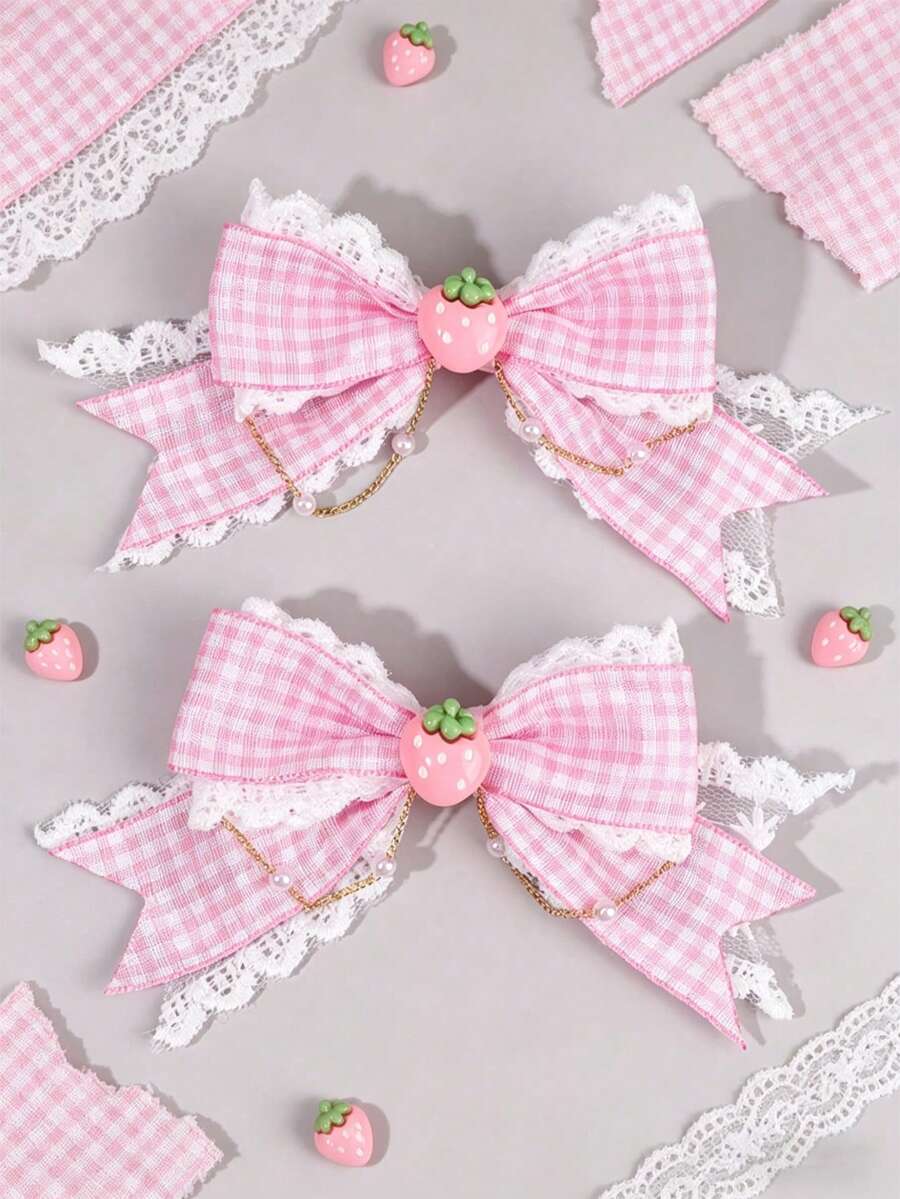 2入女童草莓蝴蝶結髮夾,甜美可愛蝴蝶結髮飾,時尚女童日常夏季派對髮飾配件 - 彩色 - 查看 1