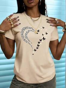 Camiseta de mujer de verano de estilo casual con estampado de eslogan simple, de corte holgado y cuello redondo, de manga corta. Top de uso diario y vacacional de moda.,Playera Gráfica Oversized Mujer Verano Casual - Albaricoque - Ver 7