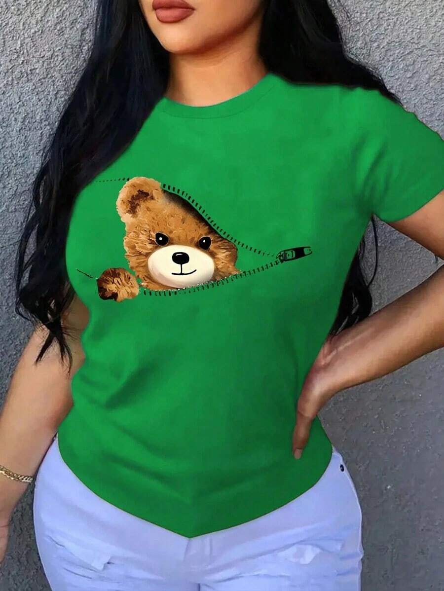 Unity Cartoon Print Round Neck Short Sleeve T-Shirt, Women's Summer T-Shirt, Graphic Tees For Women, Unisex, Suitable For Casual Daily Outings, Short Sleeve Summer T-Shirt, Retro Y2K Print T-Shirt. - 綠色 - 查看 1