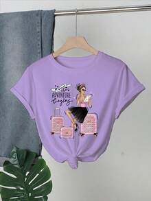 Camiseta con Estampado, Cuello Redondo Casual, Manga Corta, Adecuada para Primavera y Verano, Blanca para Mujer - Púrpura malva - Ver 1