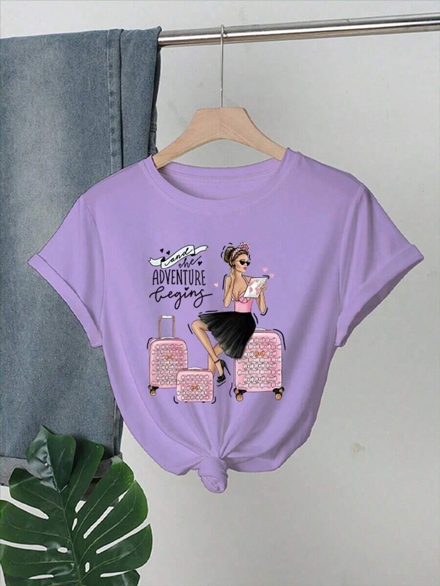 Camiseta con Estampado, Cuello Redondo Casual, Manga Corta, Adecuada para Primavera y Verano, Blanca para Mujer - Púrpura malva - Ver 1