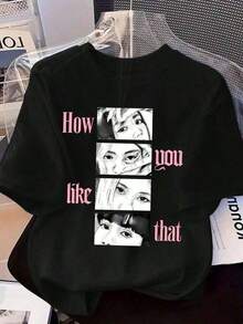 White T-Shirt For Boys And Girls, Soft Cotton Base T-Shirt - Everyday Wear For Play. K-POP Fan T-Shirt For Women, Dark Gray T-Shirt With Pink Text, Loose-Fitting Casual Concert Top, Machine-Washable K-Pop Merchandise For Group Fans, Short-Sleeved T-Shirt, Everyday Wear And Event Clothing, Fan Merchandise,  Graphic T-Shirt, Comfortable Fit, Party Outfit, Fashionable Design, Durable Material, Printed Anime T-Shirt For Music-Loving Kids | Solid Color T-Shirt For Arts & Crafts, Summer Camps & Summer Activities - 黑色 - 查看 1