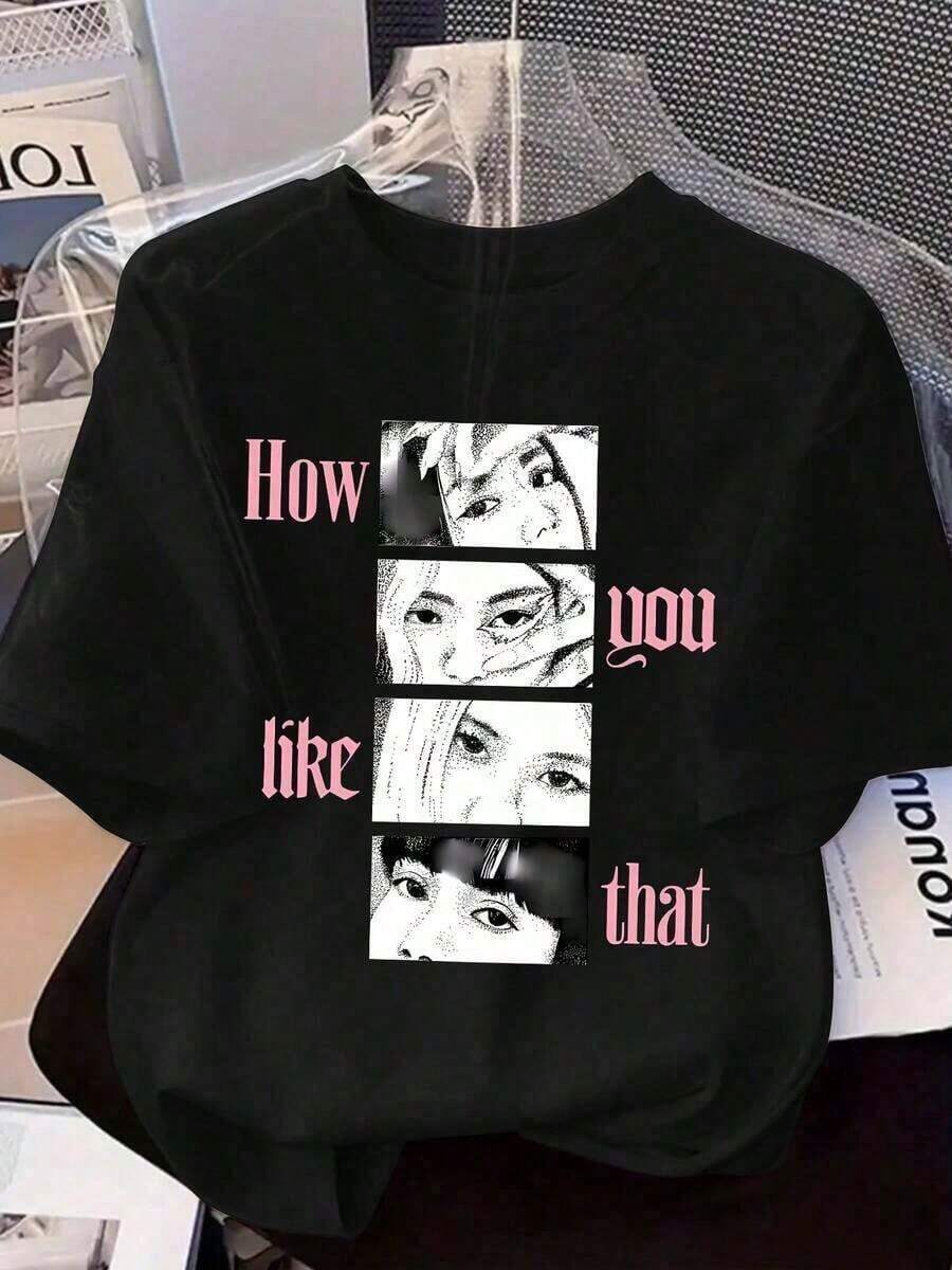 White T-Shirt For Boys And Girls, Soft Cotton Base T-Shirt - Everyday Wear For Play. K-POP Fan T-Shirt For Women, Dark Gray T-Shirt With Pink Text, Loose-Fitting Casual Concert Top, Machine-Washable K-Pop Merchandise For Group Fans, Short-Sleeved T-Shirt, Everyday Wear And Event Clothing, Fan Merchandise,  Graphic T-Shirt, Comfortable Fit, Party Outfit, Fashionable Design, Durable Material, Printed Anime T-Shirt For Music-Loving Kids | Solid Color T-Shirt For Arts & Crafts, Summer Camps & Summer Activities - 黑色 - 查看 1