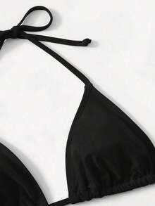 Women's Simple Solid Color Swim Bikini With A Halter Neck And Cutout, Suitable For Beach Vacations And Summer. - Black - View 4