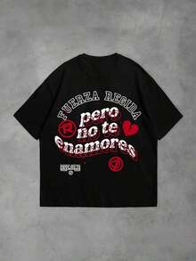 1pcs Women's Crew Neck T-Shirt Rose And Ivy Graphic Print Short Sleeve Summer Breathable Cotton Tee Double Side Print Featuring Fuerza Begida Pero No Te Enamores Text With Red Heart And Eye Symbol For Family Gatherings Summer Trips And Festive Occasions,Women's Tops, Tops For Women, Tops, Women Clothes, Clothes, Festival Outfits, All Season Wear - 黑色 - 查看 5