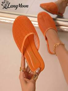 Sandalias deslizantes elegantes de malla LangMoon 2026, diseño de malla con lunares aterciopelados, suela plana suave y flexible, antideslizante y duradera, cómoda de llevar durante mucho tiempo, versátil y vintage para ir al trabajo, de compras y de vacaciones, zapatos elegantes y encantadores para primavera y verano - Naranja Quemada - Ver 1