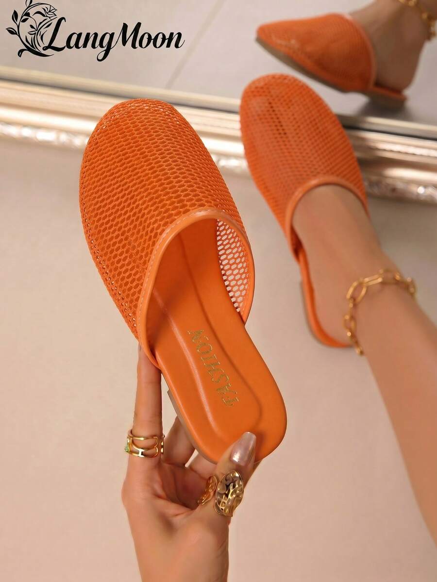 Sandalias deslizantes elegantes de malla LangMoon 2026, diseño de malla con lunares aterciopelados, suela plana suave y flexible, antideslizante y duradera, cómoda de llevar durante mucho tiempo, versátil y vintage para ir al trabajo, de compras y de vacaciones, zapatos elegantes y encantadores para primavera y verano - Naranja Quemada - Ver 1