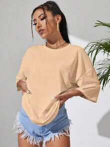 1 piezas de la camiseta de las mujeres, de moda fresco casual camiseta cuello de la tripulación con letras impresas, ropa de suéter de las mujeres para todas las estaciones (primavera, verano, otoño, invierno), traje para deportes / playa / calle / fiesta, como regalo para él / ella, amigos-180g y 100% algodón (S-3XL, Envío local) - Caqui 3 - Ver 4
