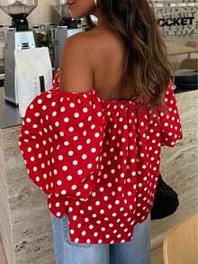 Women's Polka Dot Contrast Color Pleated Off-Shoulder Top, Suitable For Beach And Daily Wear, Spring/Summer Red - Red - View 3
