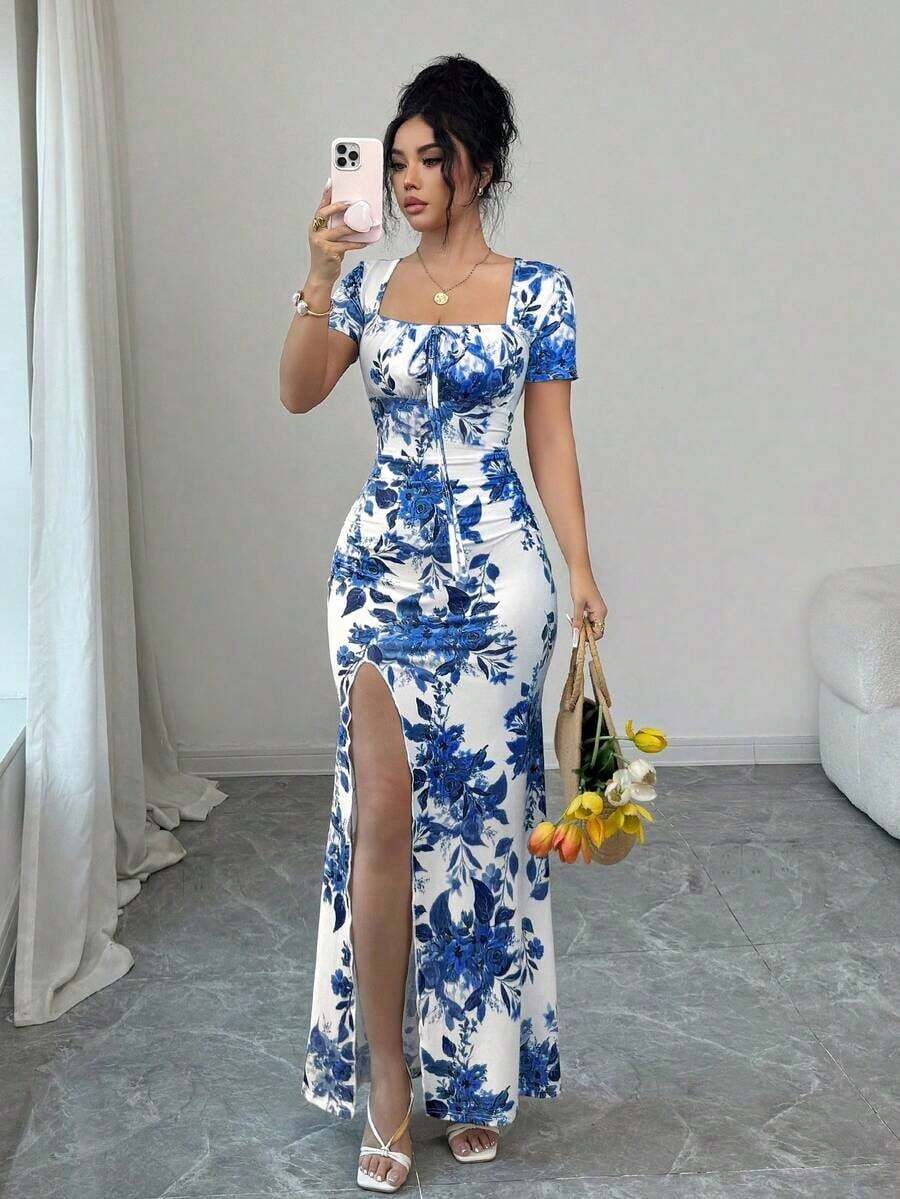 Vestido de verano de manga corta para mujer, vestido de vacaciones con estampado digital, vestido de playa y vacaciones con bajo con abertura, vestido largo con fruncido en la cintura - Azul - Ver 1