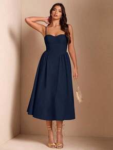Elegante vestido largo sin mangas con manga abultada para mujer, adecuado para citas diarias, salidas, discotecas, fiestas, temporada de otoño - Azul marino - Ver 7