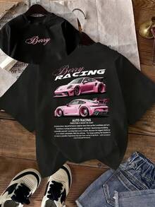 Double-Sided Car Print T-Shirt, Women's T-Shirt With 'AUTO RACING' On The Back And 'Berry' On The Chest, Casual Summer Top With A Vibrant Touch - 黑色 - 查看 5