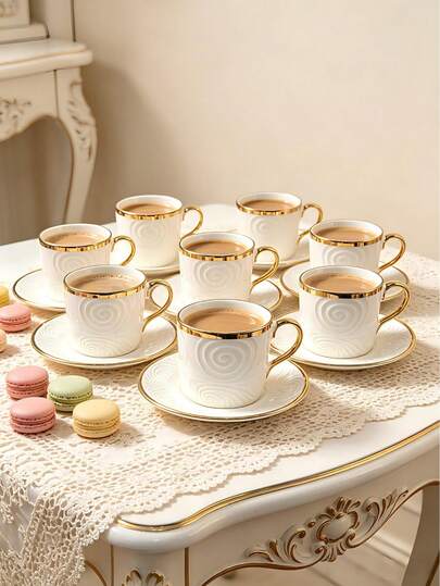 6pcs/Set Luxury Gold-Rimmed Ceramic Tea Set, Includes Coffee Cups And Saucers, Dishwasher . Ideal For Home Kitchen, Dining Table Decor, Afternoon Tea, Coffee Drinking, Personalized Gifts, Kitchen Supplies, Ramadan, Gatherings, Birthdays, Weddings And Parties. Suitable As Valentine's Day Gift For Him, Italian Espresso Coffee