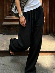 1pc Solid Color Drawstring Casual Pants, Suitable For Airport, Brunch, Travel, Daily, School, Sports, Vacation, Date, Home, Office, Summer - Black - View 3