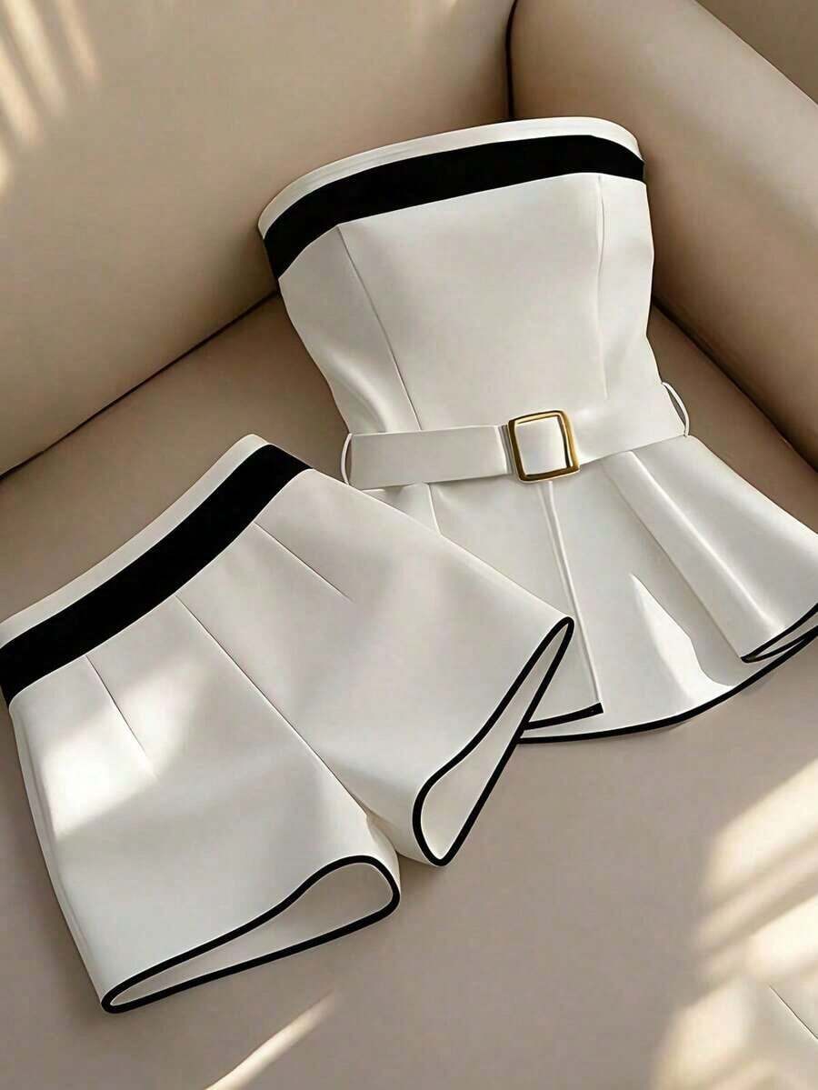 Conjunto de 2 piezas de top bandeau decorado y shorts de moda para mujer - Blanco 2 - Ver 1