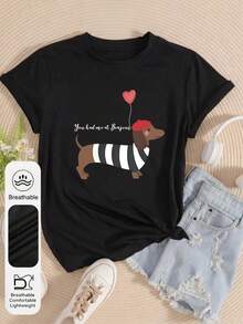 大码女式日常红色贝雷帽腊肠犬图案圆领短袖休闲浪漫夏季女式黑色上衣T恤 - 黑色 - 查看 3