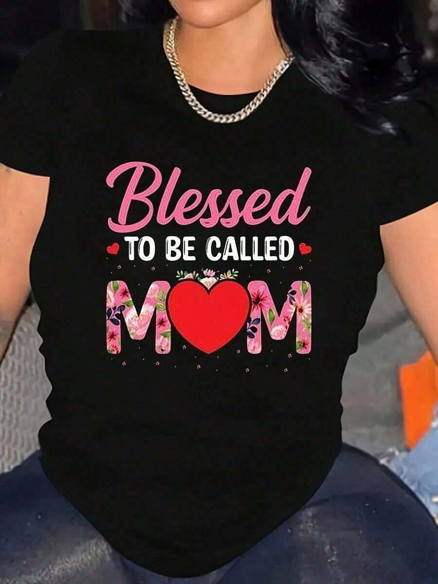 1 pcsAlgodón Camiseta De Mujer % Algodón Con Cuello Redondo Y Estampado.Para El Día De La Madre.Diseño Interesante.Manga Corta.Cómoda, Informal Y Deportiva.180g 100% Cotton - Negro - Ver 1