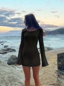 Vestido corto de punto transparente con espalda descubierta y diseño calado, para playa y vacaciones, de unicolor y manga larga, para primavera/verano - Negro - Ver 6
