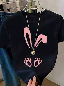 Women's White T-Shirt With Bunny Ears And Paws In Leopard Print,  Animal Print Camisole, Casual Summer Blouse With Cute Bunny Design, Stylish And Fun Top For Everyday Wear Or As A Gift. Women's T-Shirt. Blouses > Elegant. Boho Chic, Round Neck Printed T-Shirt With Cartoon Design. - / - 查看 10