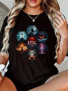 1pc Fantasy Epic Character And Scene Printed Women'S T-Shirt, The Ideal Holiday Gift - Black - View 1