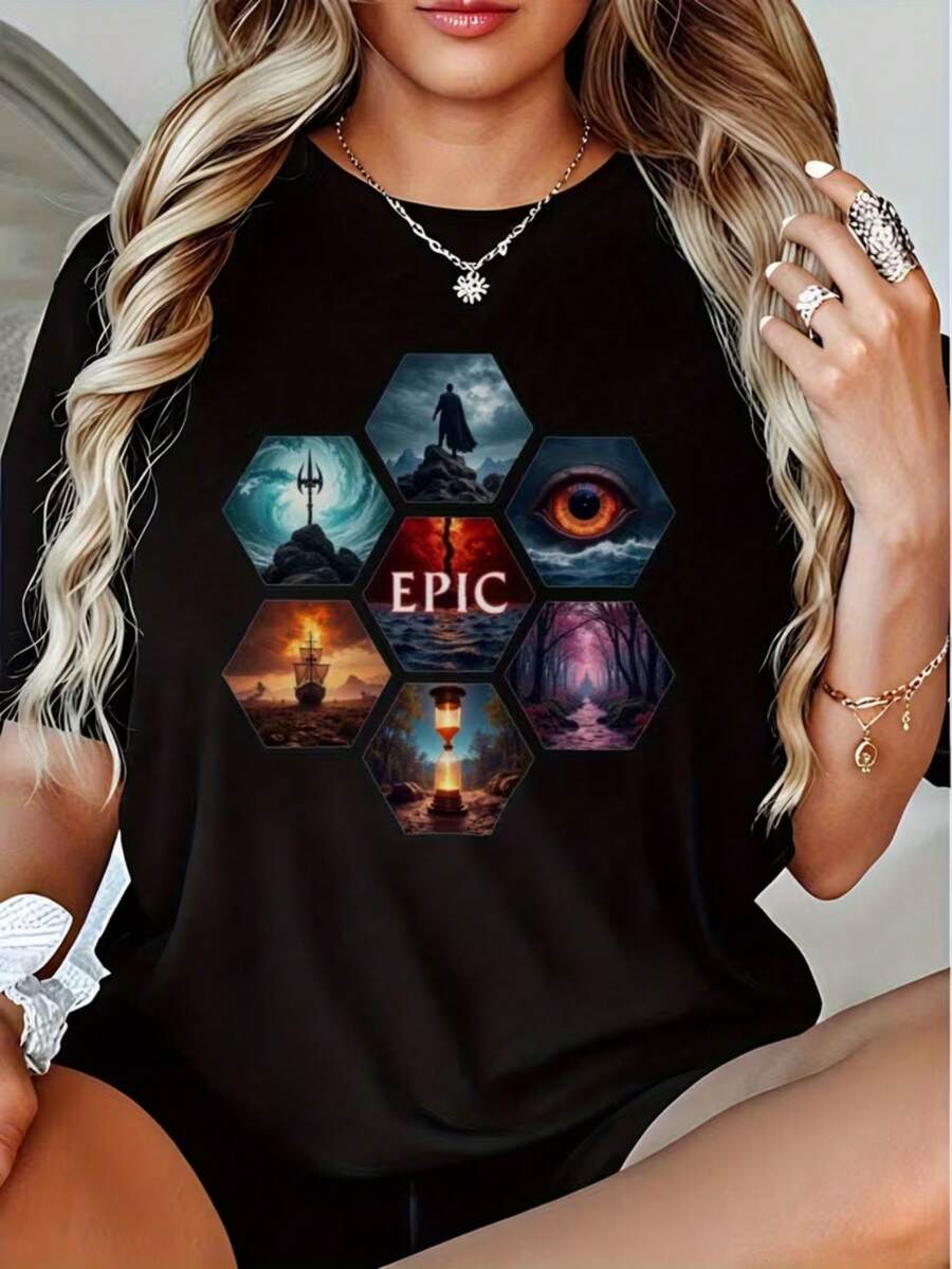 1pc Fantasy Epic Character And Scene Printed Women'S T-Shirt, The Ideal Holiday Gift - Black - View 1
