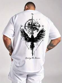 Men's Casual Crew Neck T-Shirt - Eagle And Compass Graphic Print, Short Sleeves, 100% Regular Fit, Slightly Stretchy And Breathable Fabric, Machine Washable For Casual Wear And Family Outfits, Available In Plus Sizes. Loose And Comfortable For Summer. - White - View 11