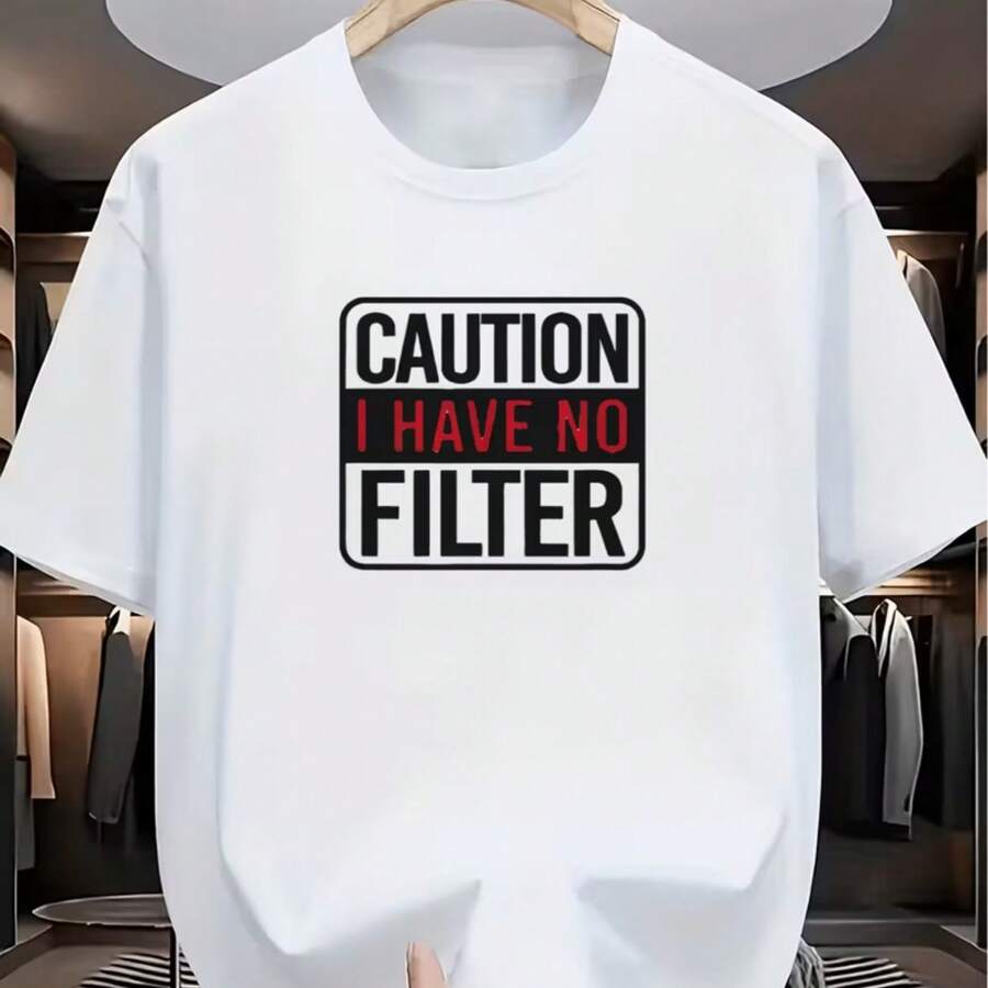 Camiseta divertida y sarcástica para hombre con el mensaje "Cuidado, no tengo filtro": cuello redondo informal, ligeramente elástica, corte regular, negra con texto rojo y blanco, la elección perfecta para la moda de verano. - Blanco - Ver 1