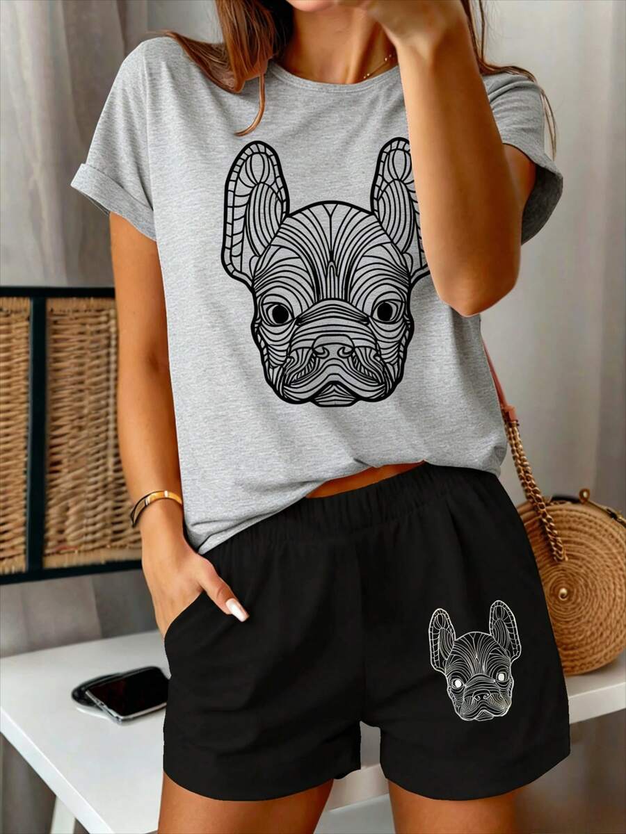 Conjunto de pantalones cortos de manga corta con cuello redondo y estampado de perros para mujer, informal, de verano, de poliéster y elastano, deportivo, negro y castaño - gris negro - Ver 1