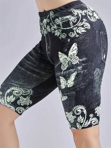 Lmitation Leggings de mezclilla para mujer cintura de mariposa fruta flor pantalones cortos elásticos cintura alta Casual - Negro - Ver 4