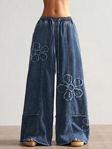Jeans de pierna ancha de unicolor casual para mujer - Azul lavado oscuro - Ver 5