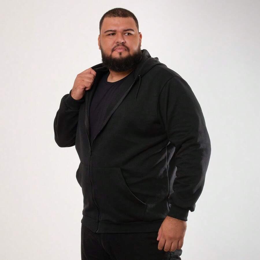 Agasalho Masculino Plus size com Ziper Flanelado Capuz e Bolso Confortavel - Preto - Visão 1