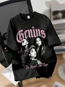 Camiseta de manga corta con cuello redondo y estampado gráfico para mujer, estilo casual minimalista, de corte holgado, de algodón, para verano, unisex, para la vuelta al cole. - Negro 2 - Ver 1