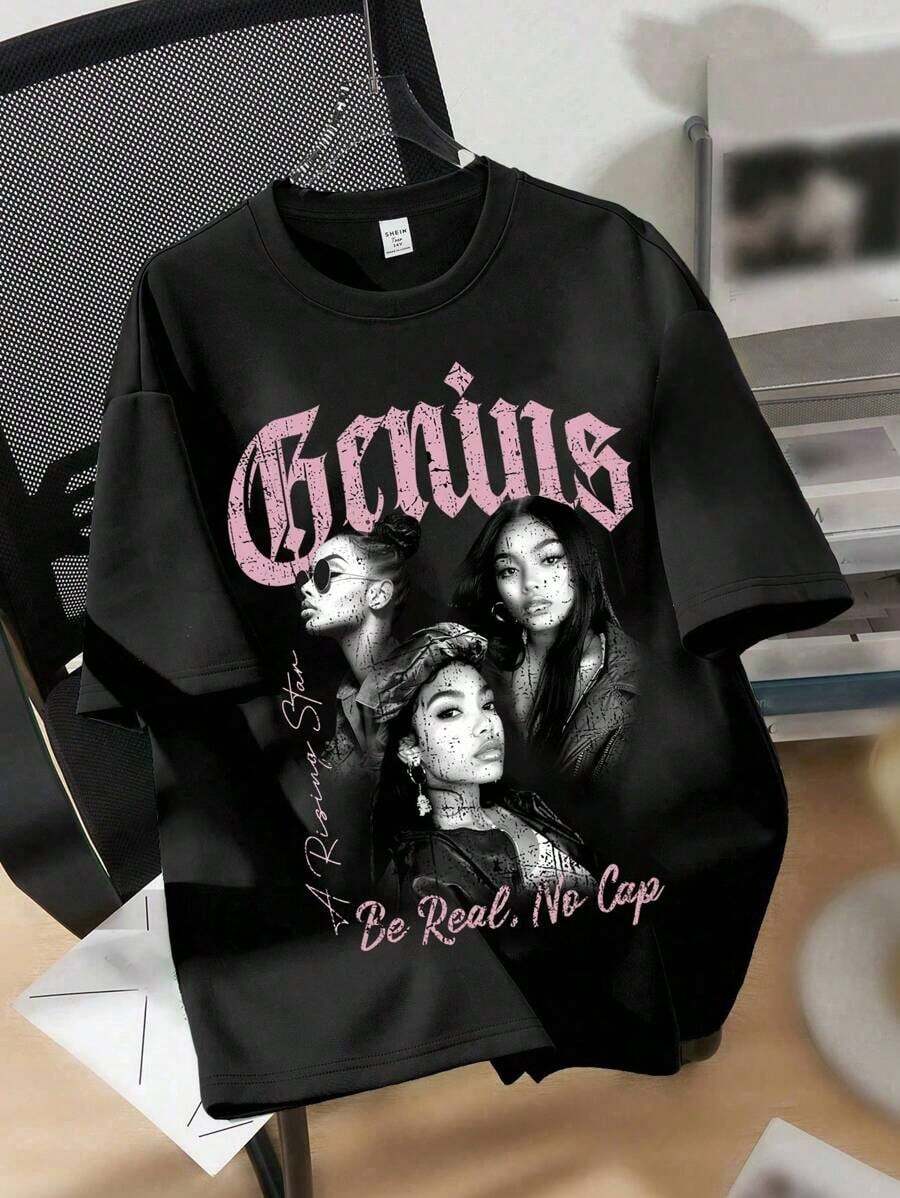 Camiseta de manga corta con cuello redondo y estampado gráfico para mujer, estilo casual minimalista, de corte holgado, de algodón, para verano, unisex, para la vuelta al cole. - Negro 2 - Ver 1