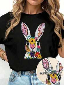 Envío gratis, entrega local enéxico, entrega en 4 días. Camiseta casual de mujer con estampado floral de conejo, tela suave, corte holgado, cuello redondo, manga corta, para verano, uso diario, viajes. - Negro - Ver 1