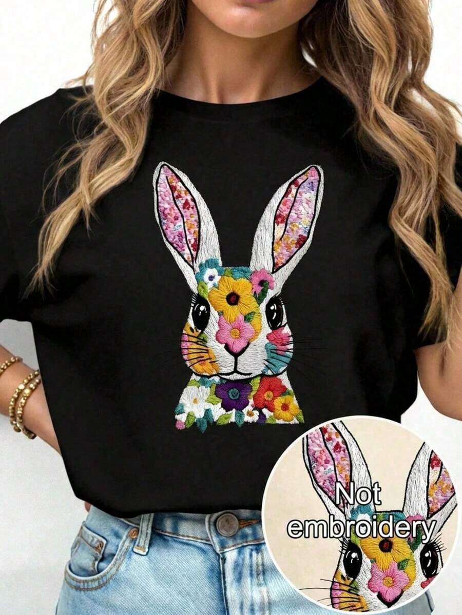 Envío gratis, entrega local enéxico, entrega en 4 días. Camiseta casual de mujer con estampado floral de conejo, tela suave, corte holgado, cuello redondo, manga corta, para verano, uso diario, viajes. - Negro - Ver 1