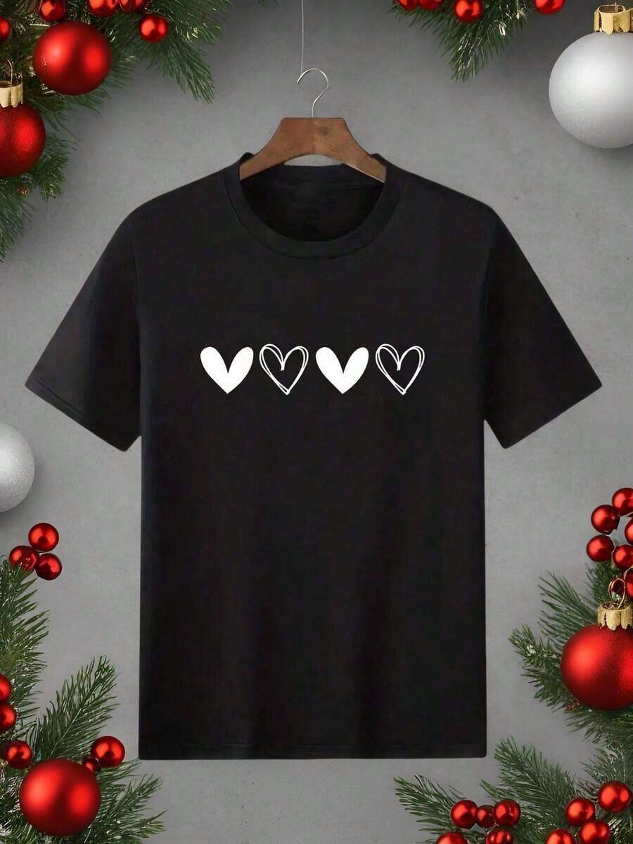 Camiseta gráfica de mujer de manga corta con cuello redondo, de moda con estampado de corazón, para uso diario casualPure-Cotton - Rojo 1 - Ver 1