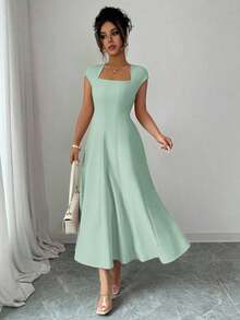 Vestido Midi Verde Oliva para Mujer , Cuello Cuadrado, Cintura Ajustada, Corte en A, Manga Corta, para Verano, Fiesta de Té, Trabajo, Playa, Vacaciones, Festival de Música, Cerveza - verde menta - Ver 6