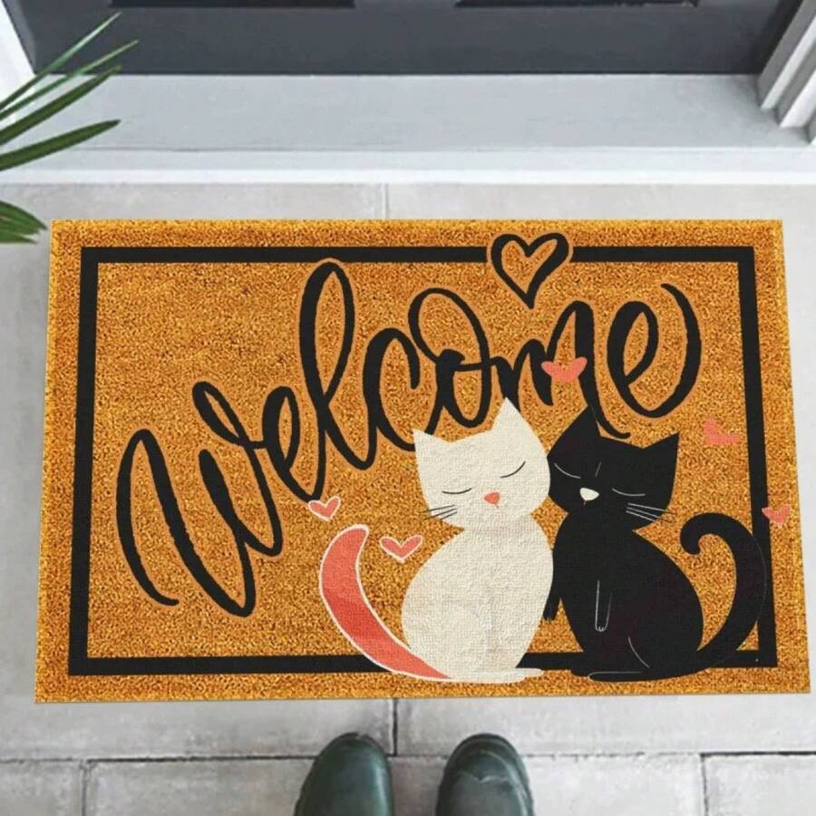 Alfombra de Entrada de Fibra de Coco Natural con Diseño de Corazón de Gatos Blancos y Negros, Antideslizante, para Decoración del Hogar, Interior y Exterior - 4 - Ver 1