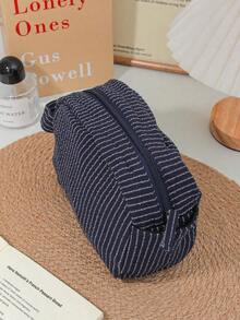 Classic Striped Large Capacity Handheld Makeup Bag, Dark Color Zipper, Skincare Products Travel Organizer Pouch Travel Essentials For Holiday Vacation Makeup Organizer Travel Bag For Women Make Up Bag VA05 - Navy Blue - View 5